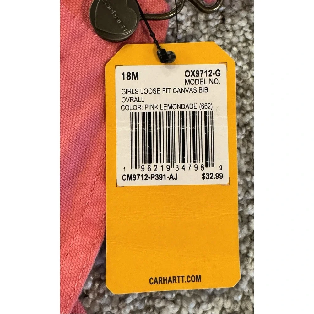 Carhartt Bib Overalls Toddler Girls 18 Months Pink Loose Fit OX9712-G Canvas NEW